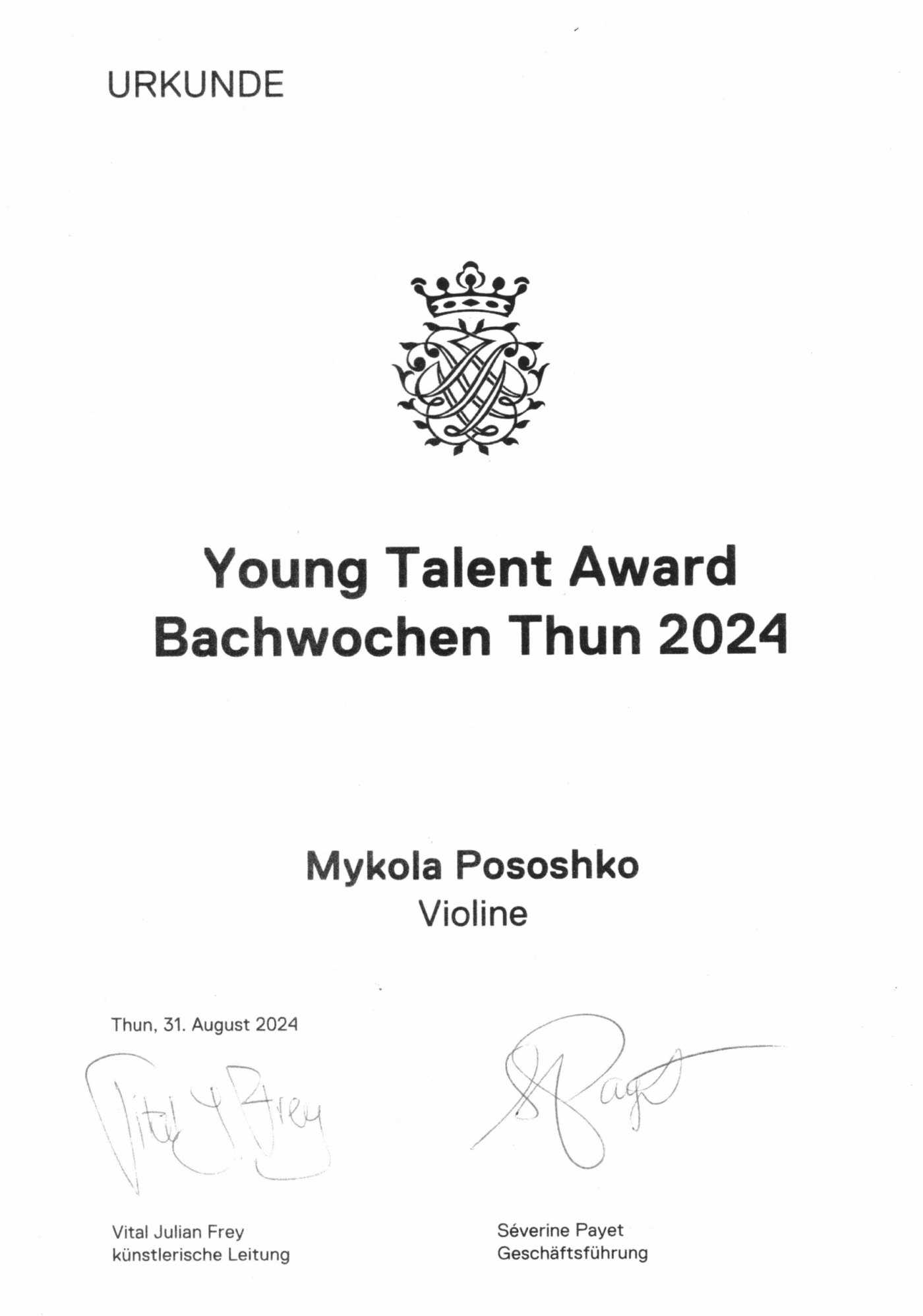 Bach Festival on Lake Thun — concert “Im Rampenlicht” — Diplomas